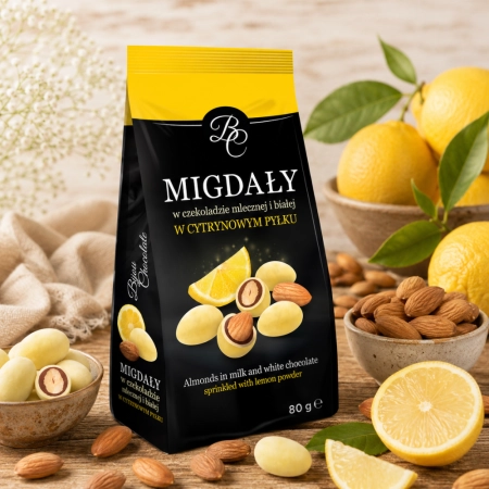 Migdały w czekoladzie mlecznej i białej w cytrynowym pyłku 80g